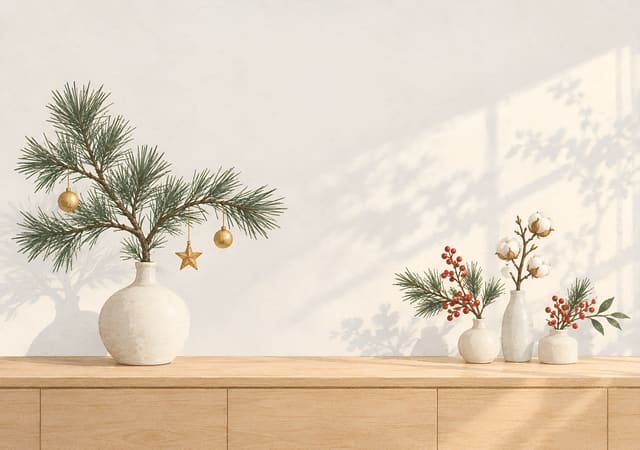 白い花瓶に挿したクリスマスの松の枝（iPhone Duo の内側の画面用壁紙、文字なし）