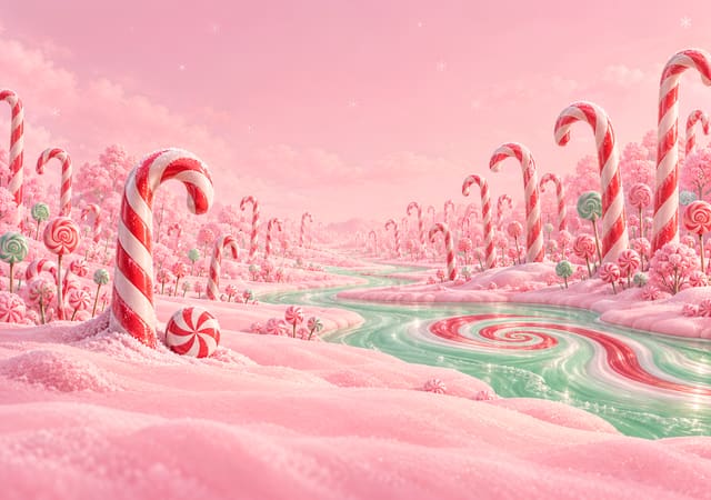 キャンディケインが生えるピンクのクリスマスの森（iPhone Duo の内側の画面用壁紙、文字なし）