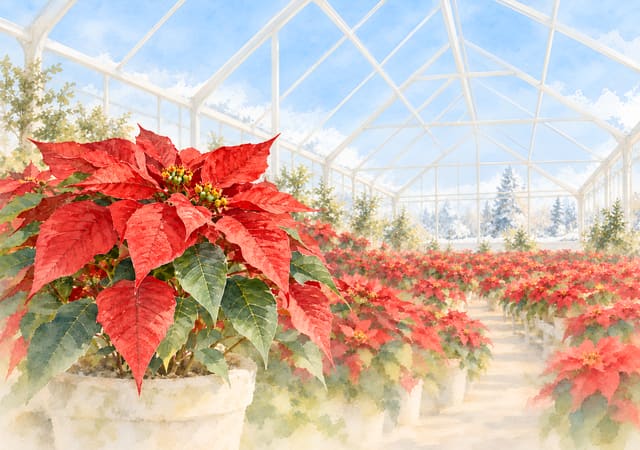 クリスマスのポインセチアが咲きそろう温室（iPhone Duo の内側の画面用壁紙、文字なし）