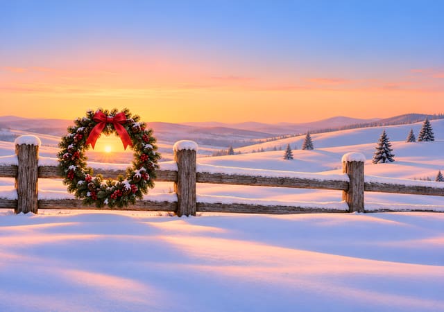 クリスマスリース越しの雪原の朝日（iPhone Duo の内側の画面用壁紙、文字なし）