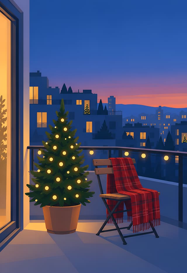 ベランダのクリスマスツリーと夕暮れの街（iPhone Duo の外側の画面用壁紙、文字なし）