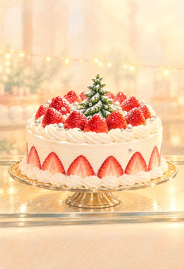 いちごのクリスマスケーキと聖夜の焼き菓子（iPhone Duo の外側の画面用壁紙、文字なし）