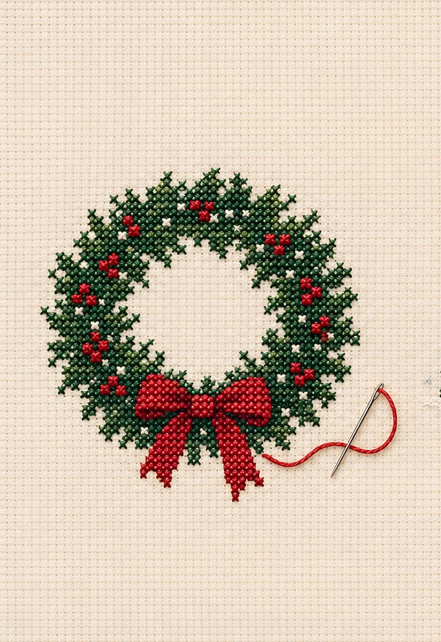 クロスステッチのクリスマスリースと雪の町（iPhone Duo の外側の画面用壁紙、文字なし）