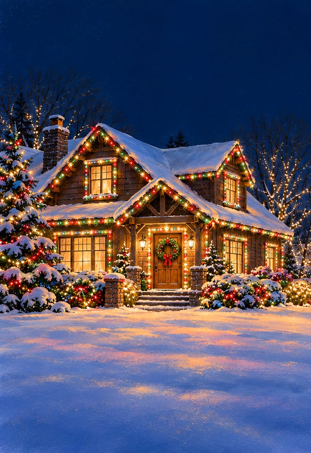 クリスマスの電飾に包まれた雪の住宅街（iPhone Duo の外側の画面用壁紙、文字なし）