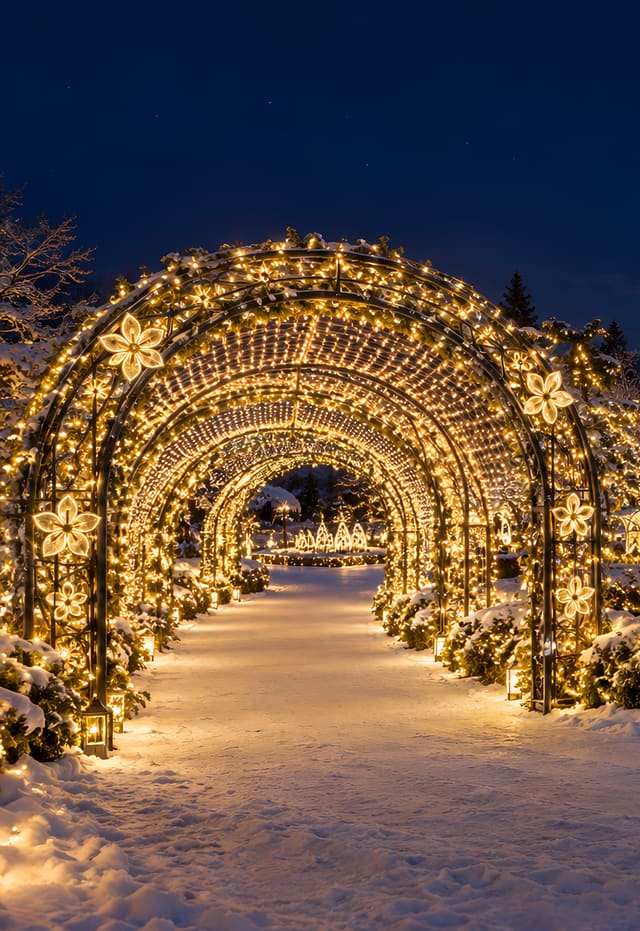 光のトンネルとクリスマスのイルミネーション庭園（iPhone Duo の外側の画面用壁紙、文字なし）