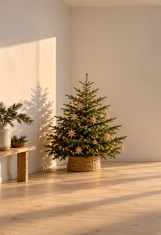 朝日の差す居間のクリスマスツリー（iPhone Duo の外側の画面用壁紙、文字なし）