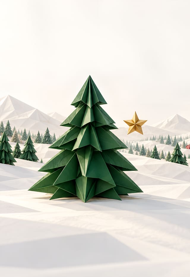 折り紙でつくったクリスマスのモミの森（iPhone Duo の外側の画面用壁紙、文字なし）
