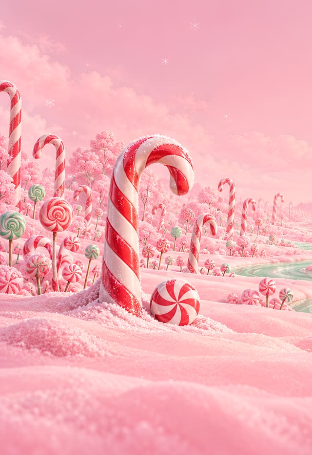 キャンディケインが生えるピンクのクリスマスの森（iPhone Duo の外側の画面用壁紙、文字なし）