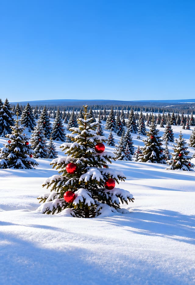 赤いクリスマスオーナメントと雪のトウヒ林（iPhone Duo の外側の画面用壁紙、文字なし）