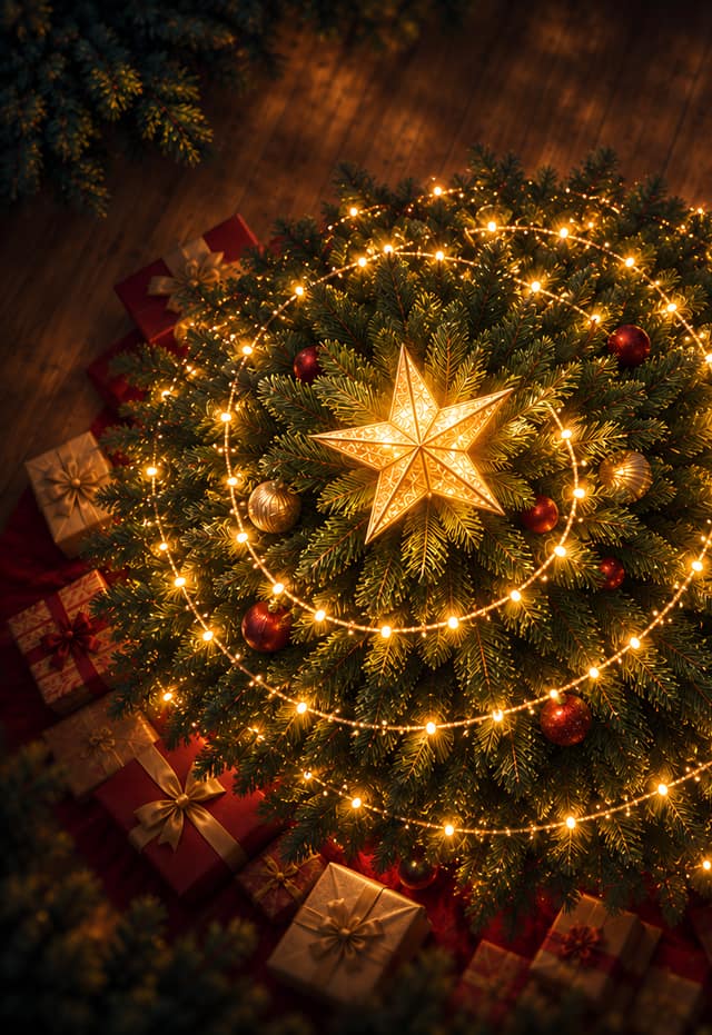 真上から見た光のらせんのクリスマスツリー（iPhone Duo の外側の画面用壁紙、文字なし）