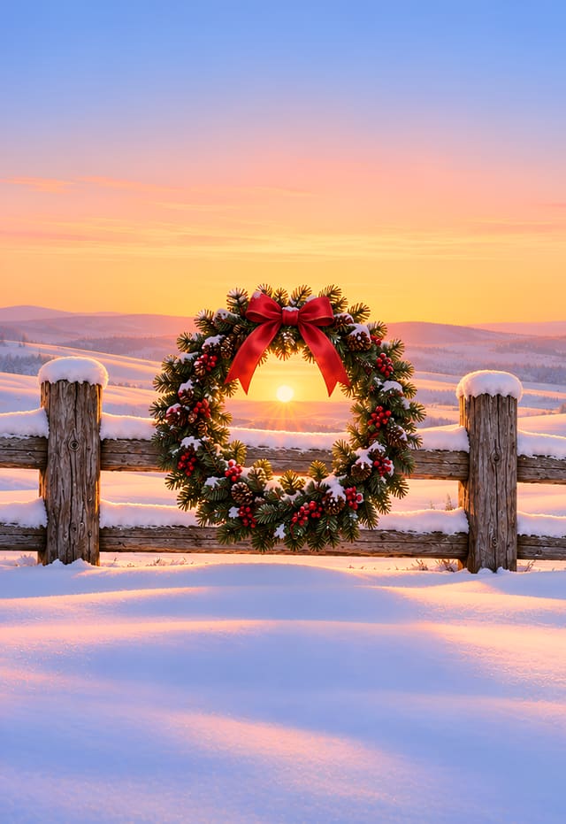 クリスマスリース越しの雪原の朝日（iPhone Duo の外側の画面用壁紙、文字なし）