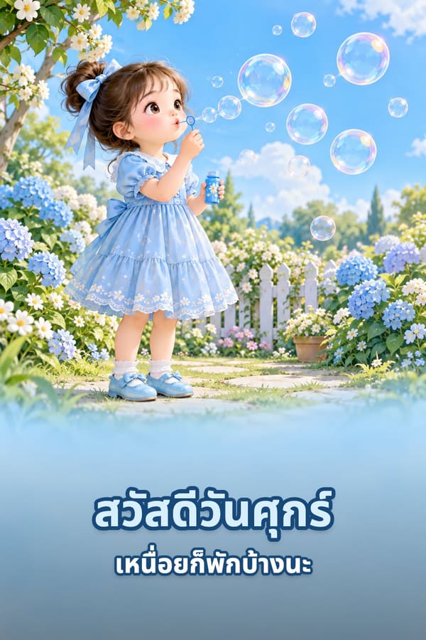 สวัสดีวันศุกร์ เหนื่อยก็พักบ้างนะ – เด็กหญิงชุดกระโปรงสีฟ้าเป่าฟองสบู่ในสวนดอกไฮเดรนเยีย
