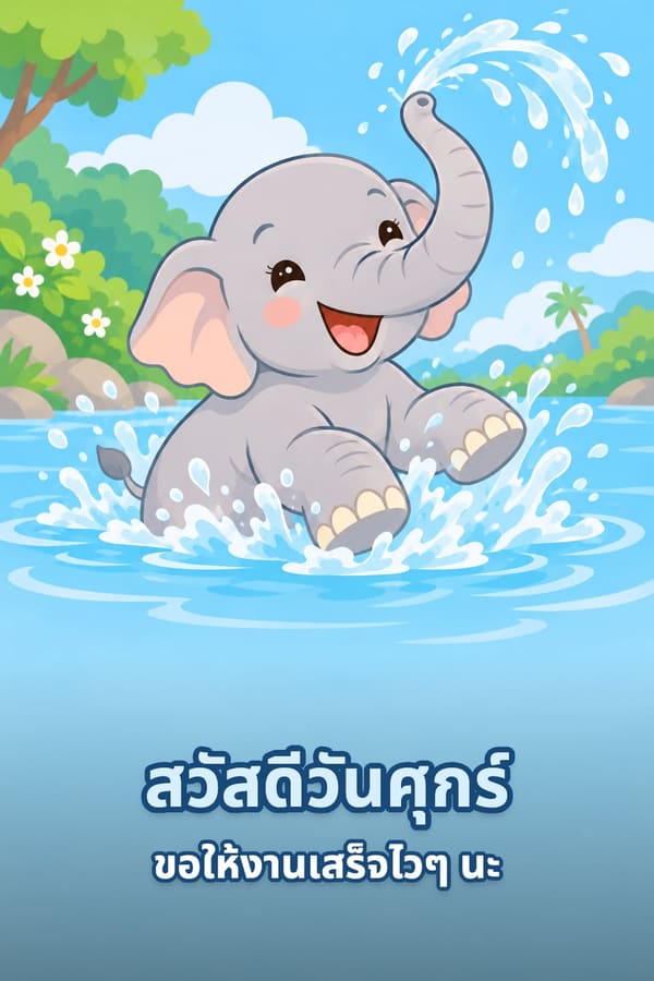 สวัสดีวันศุกร์ ขอให้งานเสร็จไวๆ นะ – ลูกช้างสีเทาพ่นน้ำเล่นอย่างสนุกในบึงน้ำสีฟ้า