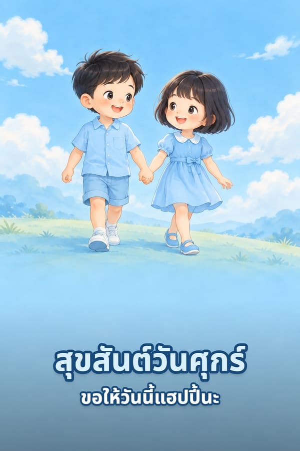 สุขสันต์วันศุกร์ ขอให้วันนี้แฮปปี้นะ – เด็กชายและเด็กหญิงในชุดสีฟ้าจูงมือเดินบนเนินหญ้า