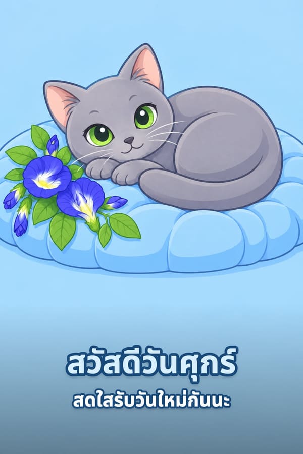 สวัสดีวันศุกร์ สดใสรับวันใหม่กันนะ – แมวโคราชขนสีเทาเงินตาเขียวนอนบนเบาะสีฟ้ากับดอกอัญชัน