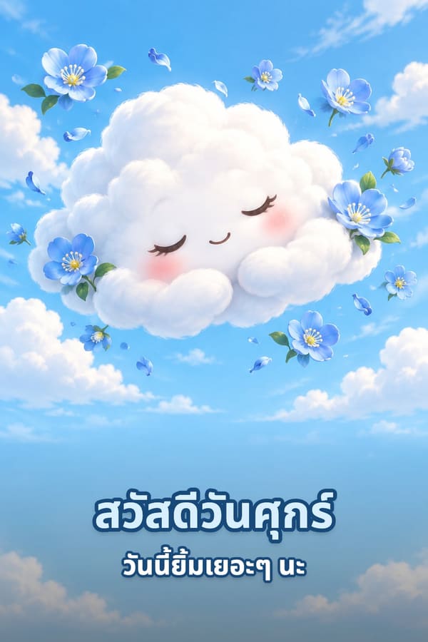 สวัสดีวันศุกร์ วันนี้ยิ้มเยอะๆ นะ – ก้อนเมฆยิ้มหลับตาลอยกลางฟ้าท่ามกลางดอกไม้สีฟ้า