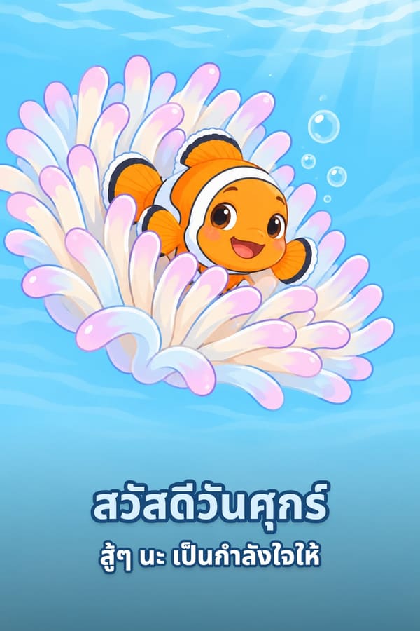 สวัสดีวันศุกร์ สู้ๆ นะ เป็นกำลังใจให้ – ปลาการ์ตูนสีส้มขาวโผล่จากดอกไม้ทะเลในน้ำทะเลสีฟ้า