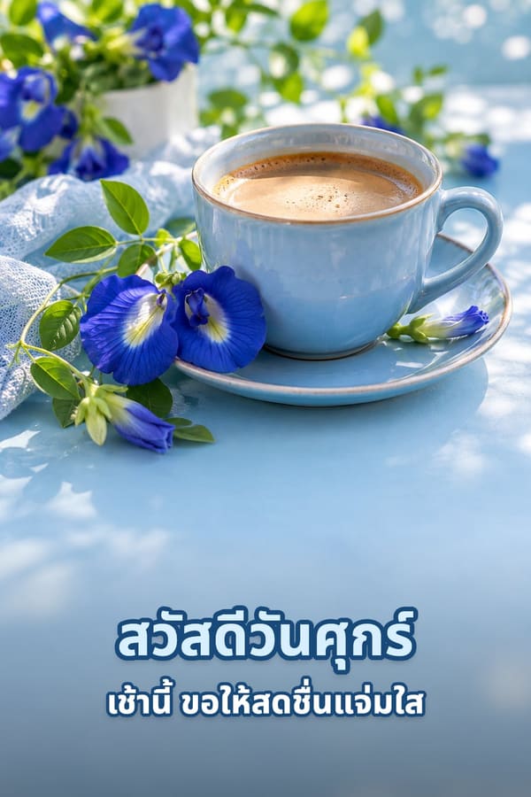 สวัสดีวันศุกร์ เช้านี้ ขอให้สดชื่นแจ่มใส – กาแฟในถ้วยเซรามิกสีฟ้ากับดอกอัญชันยามเช้า