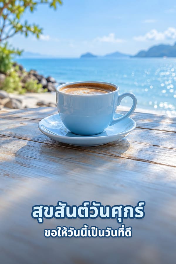 สุขสันต์วันศุกร์ ขอให้วันนี้เป็นวันที่ดี – ถ้วยกาแฟสีฟ้าบนโต๊ะไม้ริมทะเลยามเช้า