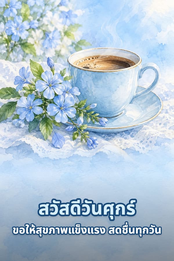 สวัสดีวันศุกร์ ขอให้สุขภาพแข็งแรง สดชื่นทุกวัน – ภาพสีน้ำถ้วยกาแฟสีฟ้ากับช่อดอกพยับหมอกบนผ้าลูกไม้