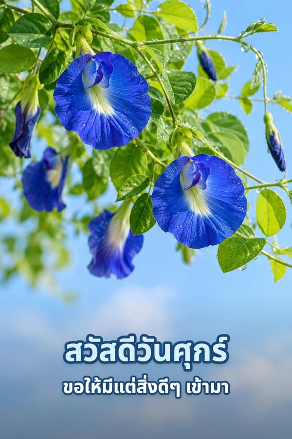 สวัสดีวันศุกร์ ขอให้มีแต่สิ่งดีๆ เข้ามา – ดอกอัญชันสีน้ำเงินบนเถาใบเขียวกับหยดน้ำค้าง