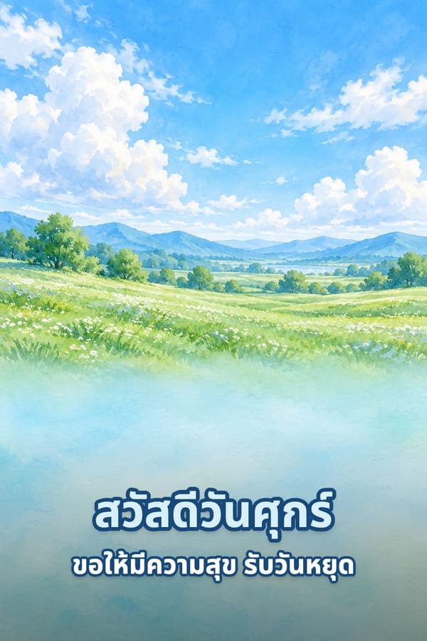 สวัสดีวันศุกร์ ขอให้มีความสุข รับวันหยุด – ทุ่งหญ้าเขียวกับภูเขาใต้ท้องฟ้าสีฟ้าและเมฆขาว ภาพสีน้ำ