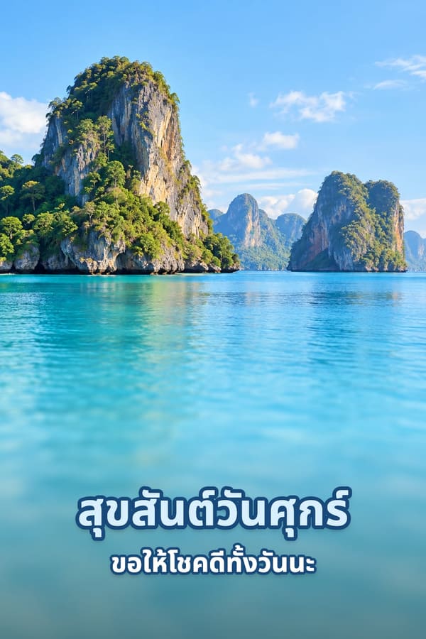 สุขสันต์วันศุกร์ ขอให้โชคดีทั้งวันนะ – เกาะหินปูนกลางทะเลสีฟ้าครามใต้ท้องฟ้าแจ่มใส