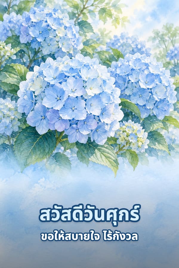 สวัสดีวันศุกร์ ขอให้สบายใจ ไร้กังวล – ช่อดอกไฮเดรนเยียสีฟ้าอ่อน ภาพสีน้ำ