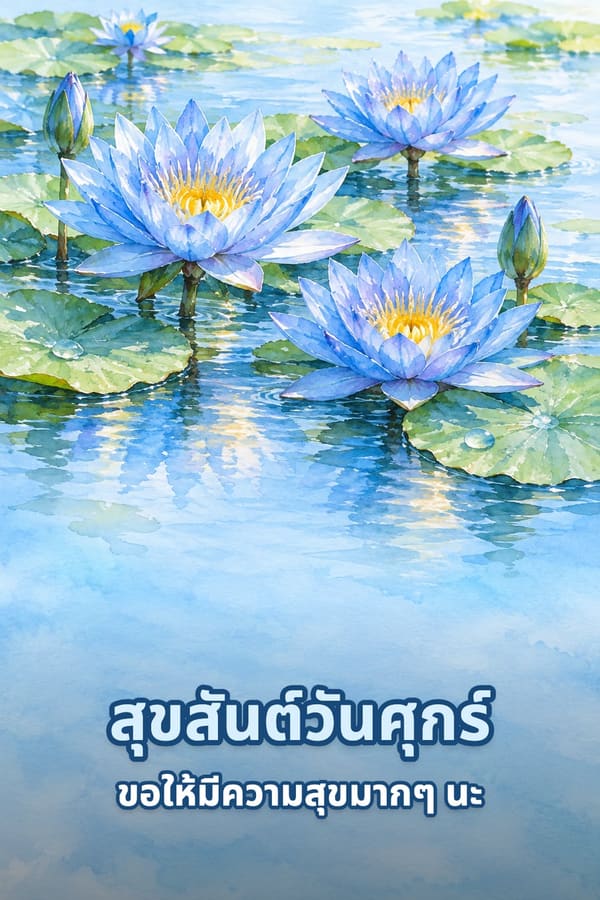 สุขสันต์วันศุกร์ ขอให้มีความสุขมากๆ นะ – ดอกบัวผันสีฟ้าบานในสระน้ำ ภาพสีน้ำ