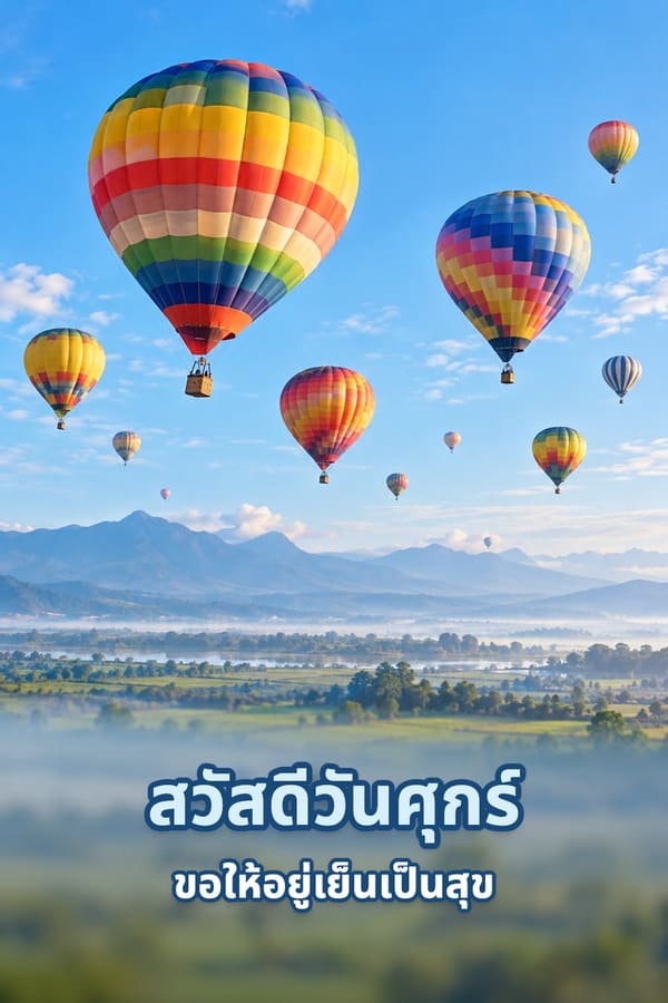 สวัสดีวันศุกร์ ขอให้อยู่เย็นเป็นสุข – บอลลูนลมร้อนหลากสีลอยเหนือทุ่งนาและภูเขาในสายหมอก