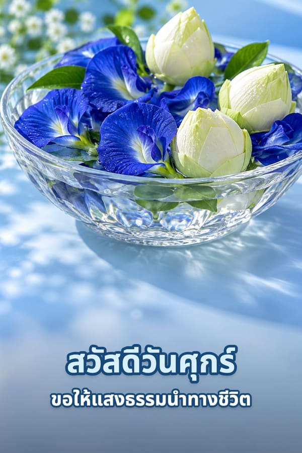 สวัสดีวันศุกร์ ขอให้แสงธรรมนำทางชีวิต – ดอกอัญชันกับดอกบัวตูมสีขาวในชามแก้วใส