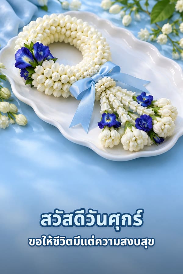 สวัสดีวันศุกร์ ขอให้ชีวิตมีแต่ความสงบสุข – พวงมาลัยดอกมะลิประดับดอกอัญชันกับโบสีฟ้าบนจานขาว