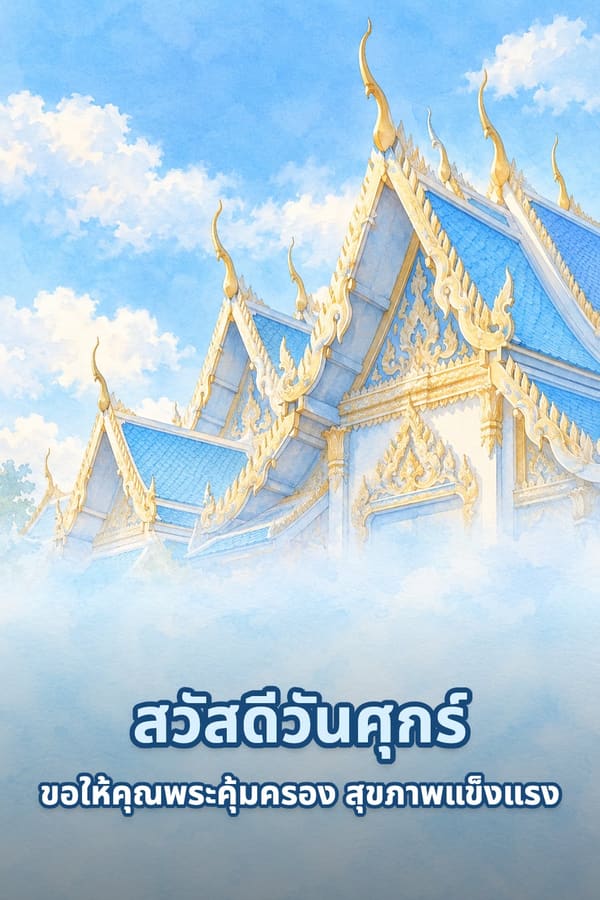 สวัสดีวันศุกร์ ขอให้คุณพระคุ้มครอง สุขภาพแข็งแรง – หลังคาโบสถ์ไทยสีฟ้าประดับช่อฟ้าสีทองใต้ท้องฟ้า ภาพสีน้ำ