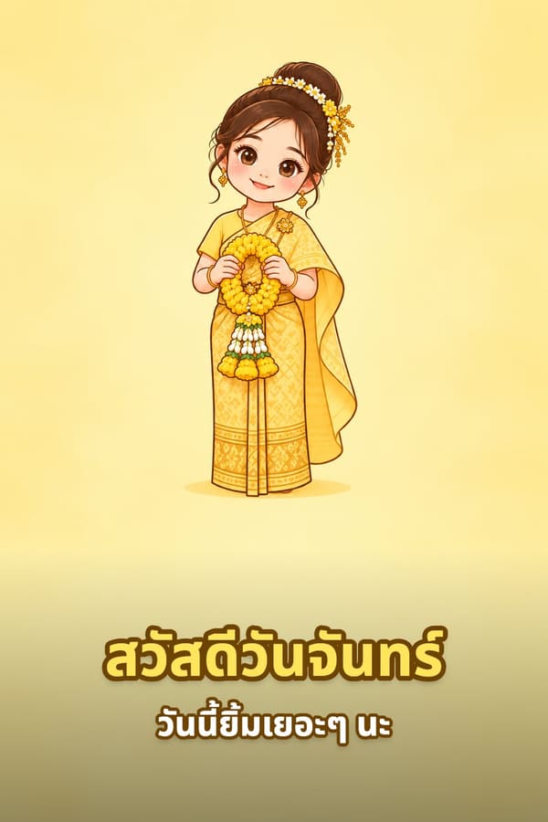 สวัสดีวันจันทร์ วันนี้ยิ้มเยอะๆ นะ – เด็กหญิงชุดไทยสีเหลืองถือพวงมาลัยดาวเรือง