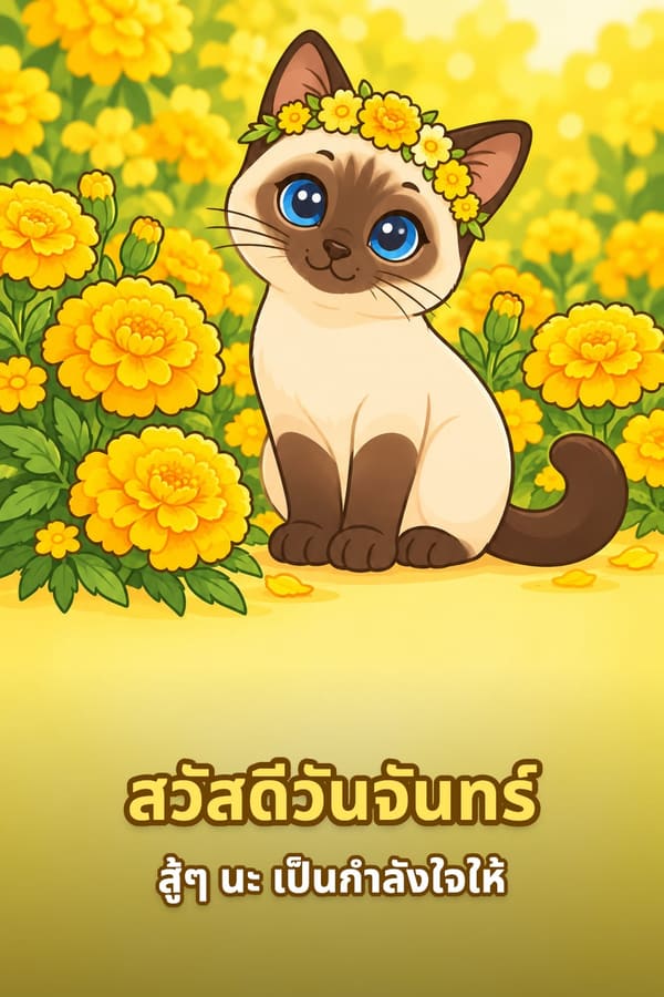 สวัสดีวันจันทร์ สู้ๆ นะ เป็นกำลังใจให้ – แมววิเชียรมาศสวมมงกุฎดอกไม้สีเหลืองนั่งกลางดงดาวเรือง