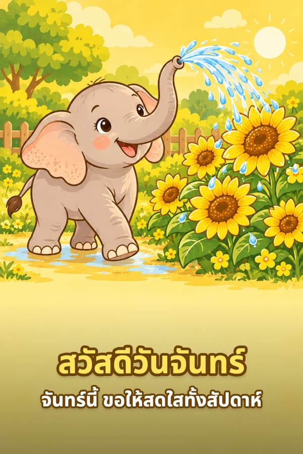 สวัสดีวันจันทร์ จันทร์นี้ ขอให้สดใสทั้งสัปดาห์ – ลูกช้างสีเทาพ่นน้ำรดดอกทานตะวันในสวน