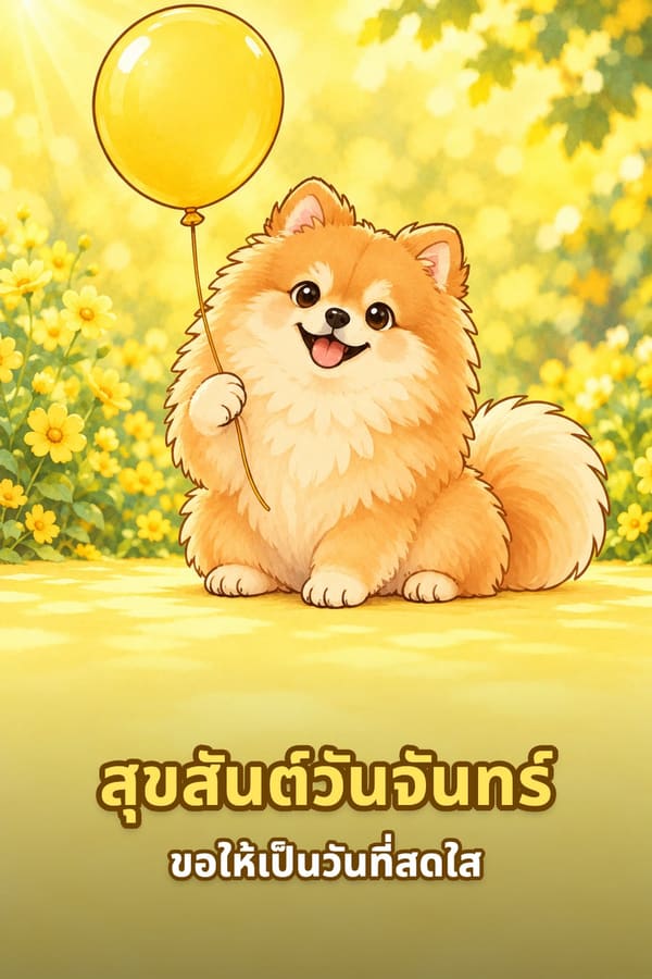 สุขสันต์วันจันทร์ ขอให้เป็นวันที่สดใส – สุนัขปอมเมอเรเนียนสีส้มครีมถือลูกโป่งสีเหลือง