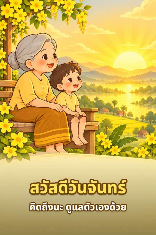 สวัสดีวันจันทร์ คิดถึงนะ ดูแลตัวเองด้วย – คุณยายกับหลานชายนั่งม้านั่งไม้ชมพระอาทิตย์ขึ้นสีเหลือง