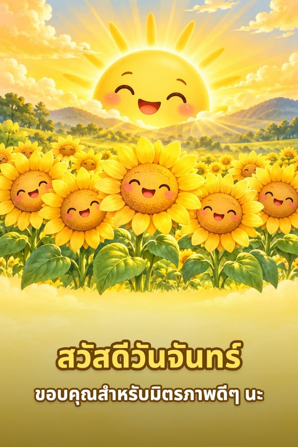 สวัสดีวันจันทร์ ขอบคุณสำหรับมิตรภาพดีๆ นะ – ดวงอาทิตย์ยิ้มแย้มเหนือทุ่งทานตะวันการ์ตูนยิ้มร่า