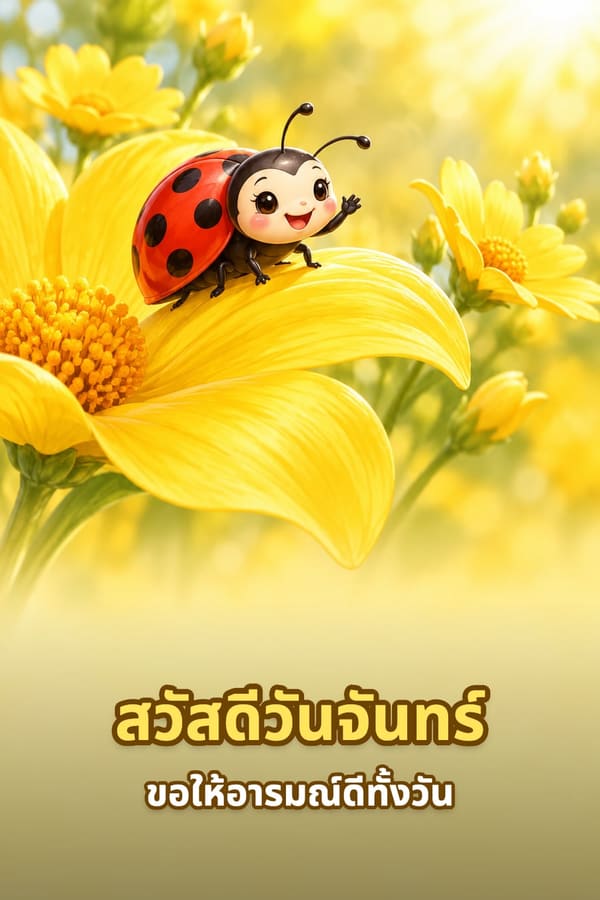 สวัสดีวันจันทร์ ขอให้อารมณ์ดีทั้งวัน – เต่าทองสีแดงโบกมือบนกลีบดอกไม้สีเหลือง