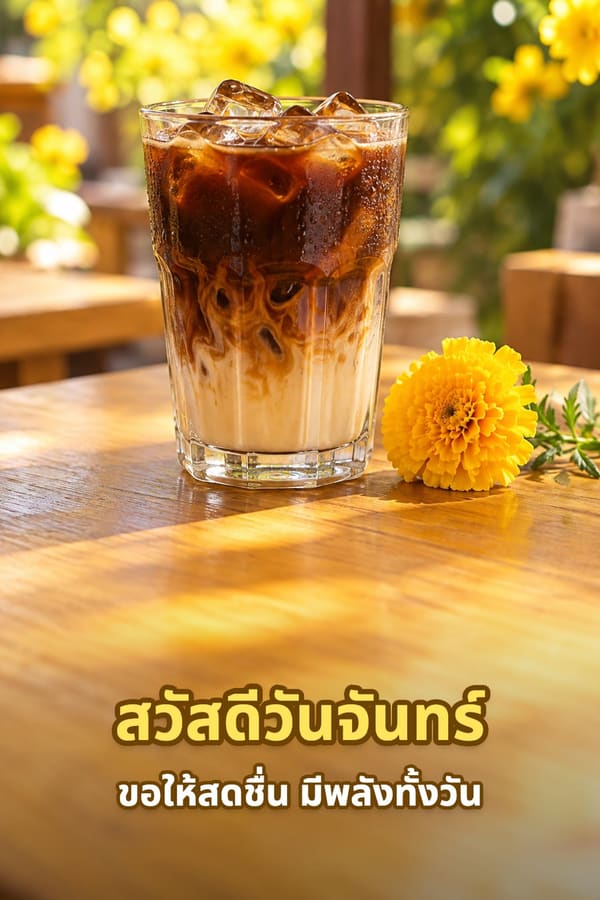 สวัสดีวันจันทร์ ขอให้สดชื่น มีพลังทั้งวัน – กาแฟโบราณเย็นในแก้วกับดอกดาวเรืองบนโต๊ะไม้ยามเช้า