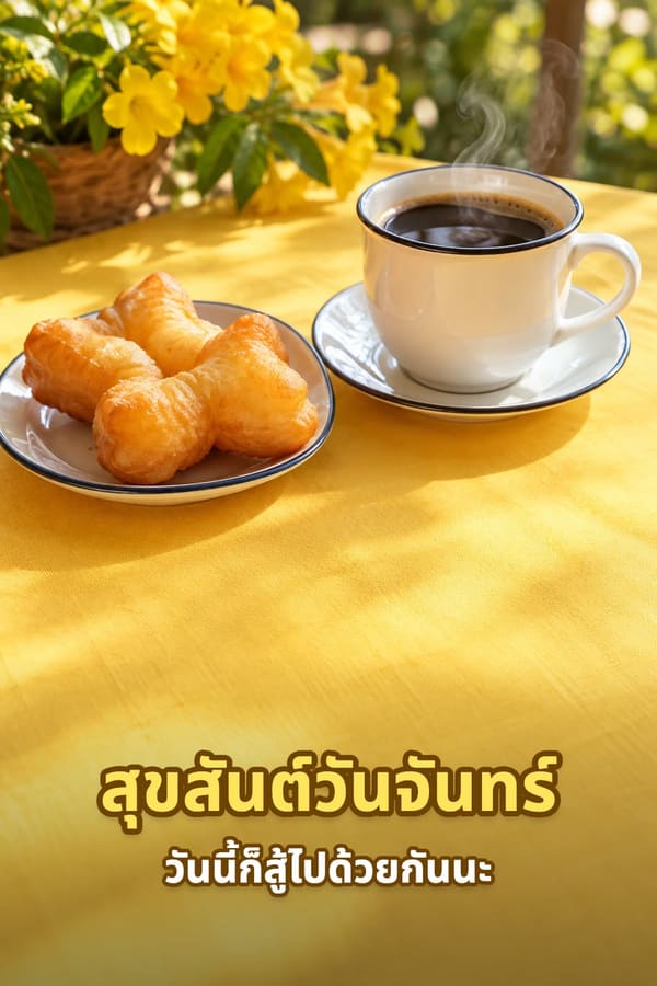 สุขสันต์วันจันทร์ วันนี้ก็สู้ไปด้วยกันนะ – กาแฟร้อนกับปาท่องโก๋บนผ้าปูโต๊ะสีเหลือง
