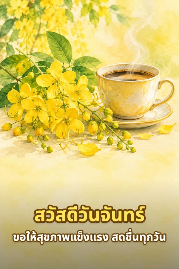 สวัสดีวันจันทร์ ขอให้สุขภาพแข็งแรง สดชื่นทุกวัน – ถ้วยกาแฟร้อนกับช่อดอกราชพฤกษ์สีเหลือง ภาพสีน้ำ