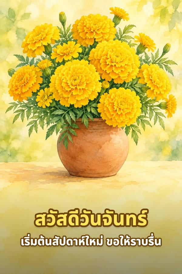 สวัสดีวันจันทร์ เริ่มต้นสัปดาห์ใหม่ ขอให้ราบรื่น – ช่อดอกดาวเรืองสีเหลืองในกระถางดินเผา ภาพสีน้ำ