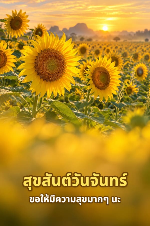 สุขสันต์วันจันทร์ ขอให้มีความสุขมากๆ นะ – ทุ่งทานตะวันยามพระอาทิตย์ขึ้นกับภูเขาหินปูน