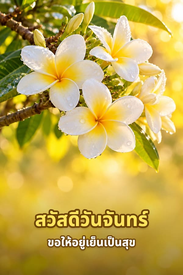 สวัสดีวันจันทร์ ขอให้อยู่เย็นเป็นสุข – ดอกลีลาวดีสีขาวใจเหลืองกับหยดน้ำค้างยามเช้า