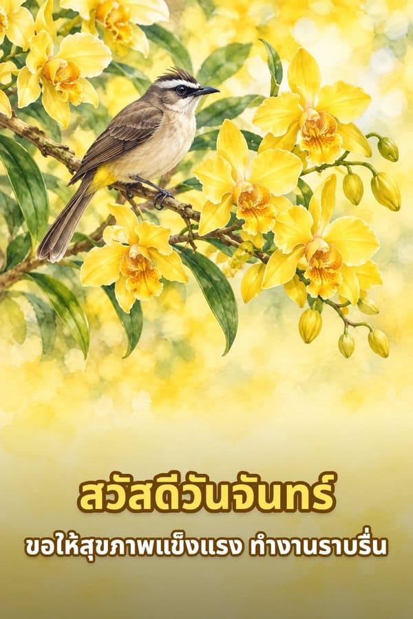 สวัสดีวันจันทร์ ขอให้สุขภาพแข็งแรง ทำงานราบรื่น – นกปรอดหน้านวลเกาะกิ่งกล้วยไม้สีเหลือง ภาพสีน้ำ