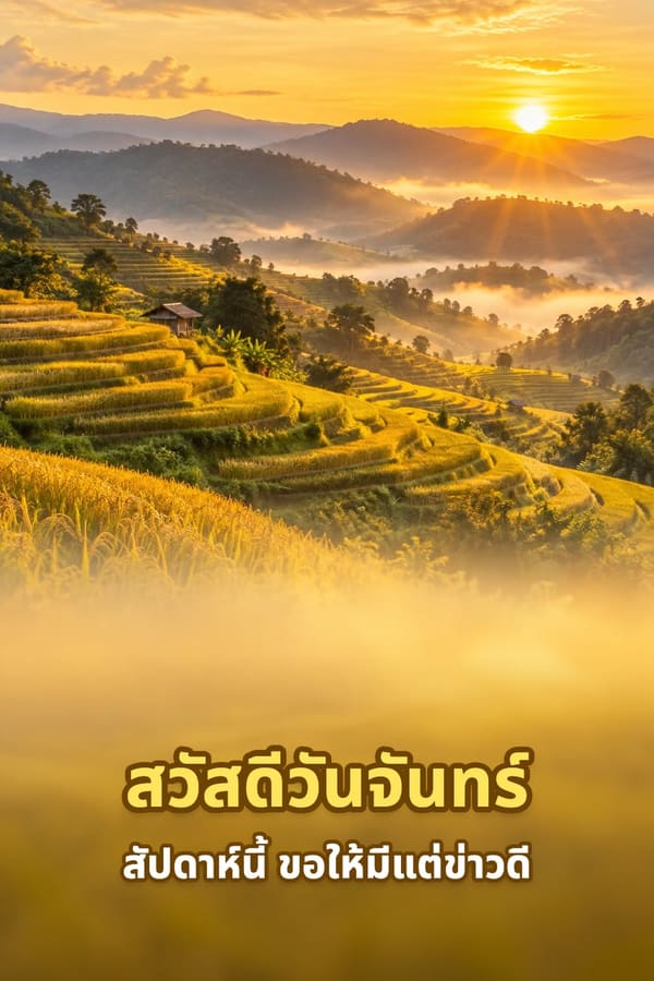 สวัสดีวันจันทร์ สัปดาห์นี้ ขอให้มีแต่ข่าวดี – นาขั้นบันไดสีทองบนภูเขายามพระอาทิตย์ขึ้น