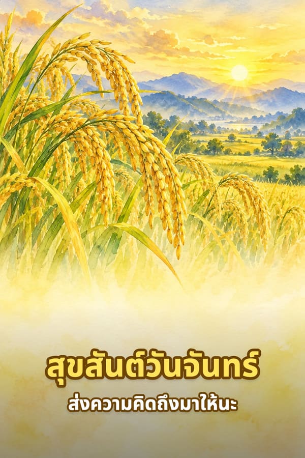 สุขสันต์วันจันทร์ ส่งความคิดถึงมาให้นะ – รวงข้าวสีทองกับทุ่งนาและภูเขายามเช้า ภาพสีน้ำ