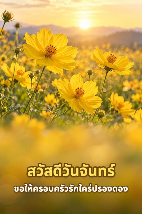 สวัสดีวันจันทร์ ขอให้ครอบครัวรักใคร่ปรองดอง – ทุ่งดอกดาวกระจายสีเหลืองยามพระอาทิตย์ขึ้น